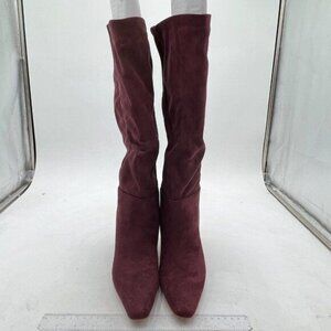 Wine Red Pointy Toe Knee High Kitten Low Heel Pull On Booties Side Zipper Shoes